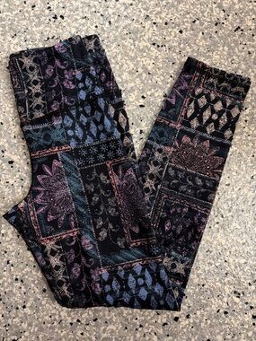 Women's Black Patterned Leggings with Multicolor Accents